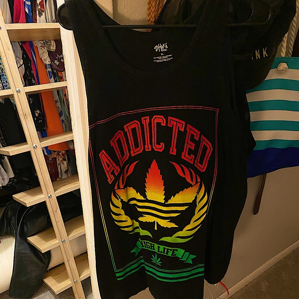 Mens XL Shaka Tank Top (Addicted-High Life) marijuana leaf graphic